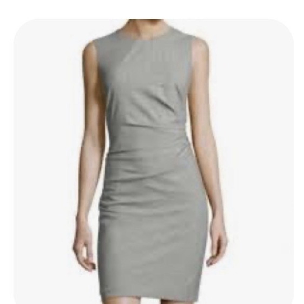 Theory Shaylee Tailor Dress Gray Sheath Stretch Sleeveless Ruched Wool Blend Med